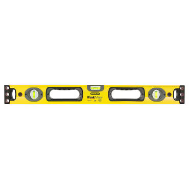 The STANLEY® FATMAX® BoxBeam Level 600mm features three bubble vials, two center handles, black end caps, and durable box-beam construction for precise horizontal and vertical alignment.