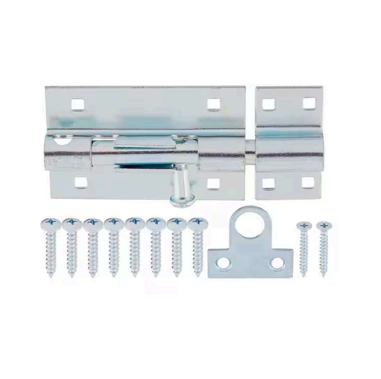 The G FORCE 43035 5 in. Pad-Lockable Barrel Bolt Zinc Plated set includes mounting screws and a matching strike plate, shown neatly arranged on a white background.