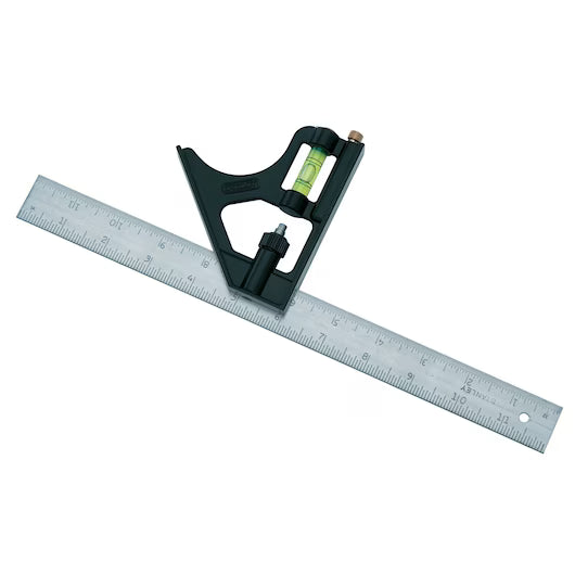 The STANLEY HANDYMAN COMBINATION SQUARE features a black handle, built-in spirit level, and silver marked ruler—an ideal tool for accurate woodworking and carpentry measurements.