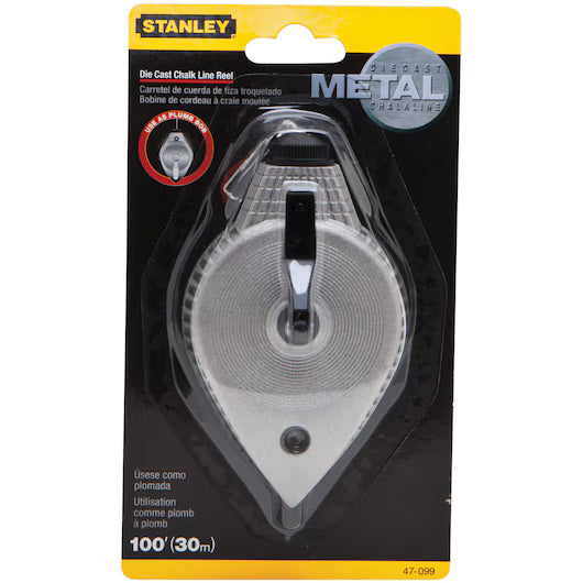 The STANLEY® METAL CHALK LINE REEL 30M/100, by STANLEY, comes packaged in clear plastic with a black-yellow backing displaying product details, making it an ideal layout tool.
