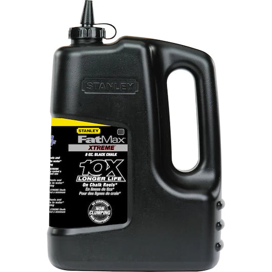 A 2.27 kg (5 lb) STANLEY® FATMAX® XTREME™ Black Chalk refill bottle with handle and nozzle; features “10X Longer Life” and “Non-Clumping”—ideal for construction marking.
