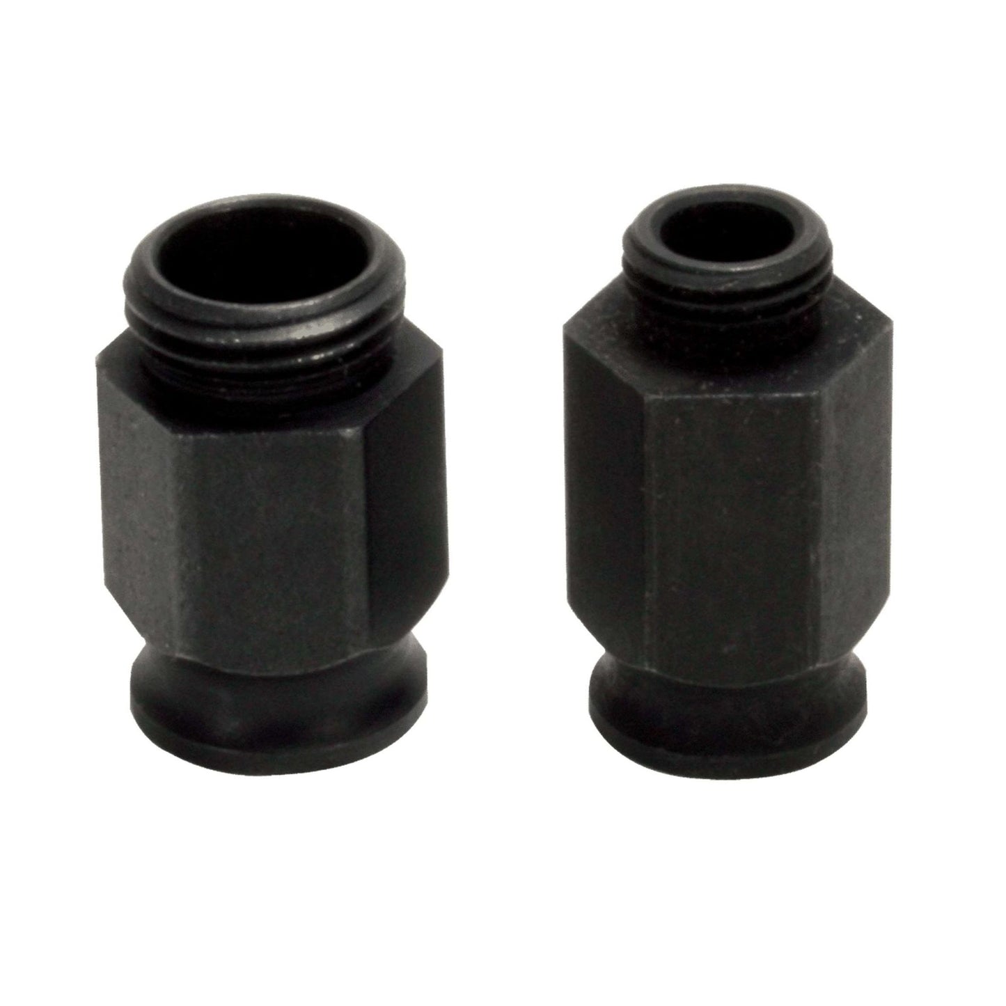 The DIABLO DHSNUT2 Hole Saw Adapter Nuts by Diablo, featuring two black cylindrical threaded adapters with hexagonal bodies and differing heights, are engineered for precision with wider bases and narrower tops. They appear against a plain white background and fit high-performance hole saws.