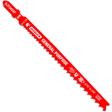 The Diablo DJT345XF5 jigsaw blade features an ultra-hardened edge, a GENERAL PURPOSE label, and measures 5-1/4x5/16”x0.05 with 5/10 TPI, suitable for metal, wood, and plastic. Its Perma-SHIELD® coating boosts durability—truly remarkable for general purpose cuts.