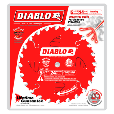 Image of the DIABLO D0524X 5-3/8 in. x 24-Teeth Framing Saw Blade packaging with its distinctive red and white design. Features include a Thin Kerf, TiCo Hi-Density Carbide, reduced vibration, lifetime guarantee, and max RPM of 10,000.