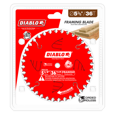 The DIABLO D0536X 5-3/8 in. x 36-Teeth Finish Trim Saw Blade packaging features a clear plastic with Diablos branding and design, showcasing the red blade and specifications. Compatible with both corded and cordless saws.