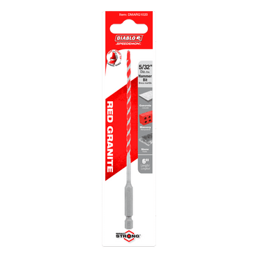The DIABLO DMARG1020 SPEEDemon 5/32 x 3 x 6 red granite carbide-tipped hammer drill bit package shows images of concrete, brick, and masonry on a white background with red and black text.