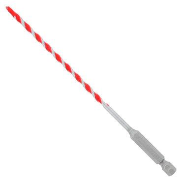 The DIABLO DMARG1020-P5 SPEEDemon™ 5/32 in. x 3 in. x 6 in. Red Granite Carbide-Tipped Hammer Drill Bits (5-Pack) features a durable metal shaft with red and silver spiral stripes, ideal for concrete drilling, and a hexagonal base for secure drill chuck attachment.