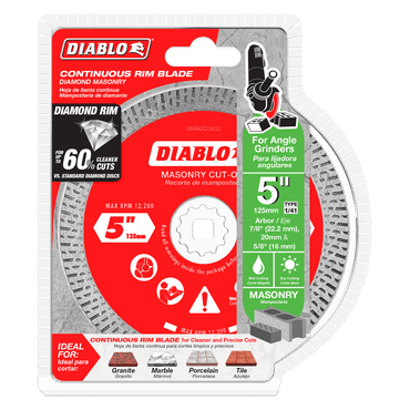 The DIABLO DMADC0500 5 in. Diamond Continuous Rim Masonry Cut-Off Disc by Diablo offers durability and precision, cutting granite, marble, porcelain, and ceramic 60% faster with a max RPM of 12,200. Its packaged in vibrant red with green accents.