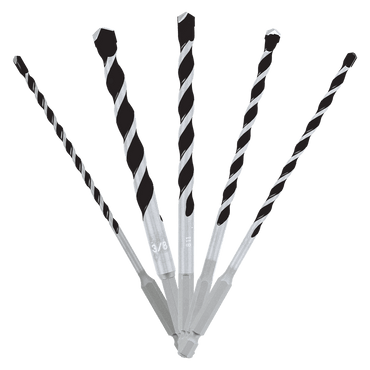 The DIABLO DMAMM1190-S5 5-Piece Multi-Material Carbide-Tipped Hammer Drill Bit Set by Diablo features impact-strong, black and silver finished bits, elegantly fan-arranged on a white background for durability across various surfaces.