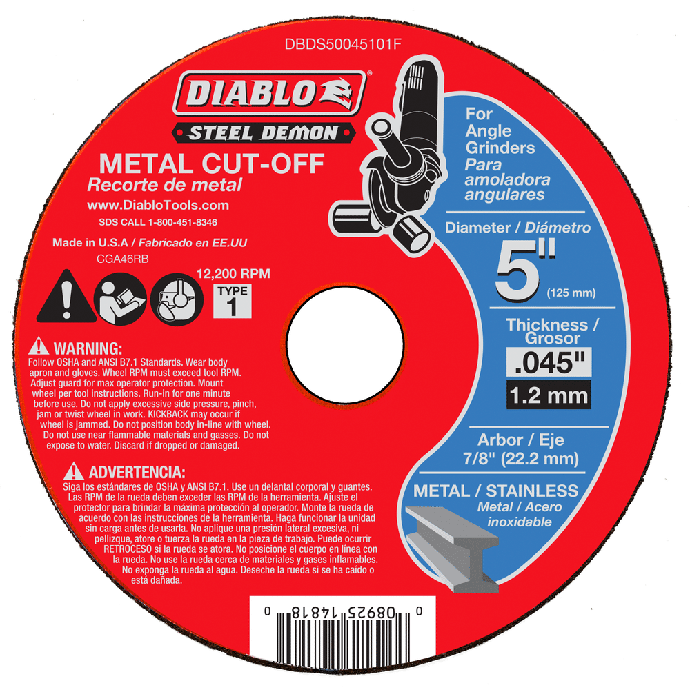 The DIABLO DBDS50045101F Steel Demon Metal Cut-Off Disc is red, with white and black text, featuring a premium ceramic blend. Its 5 in. in diameter, 0.045 in. thick, with a 7/8-in. arbor and ideal for cutting metal and stainless steel. Safety warnings are provided in English and Spanish.