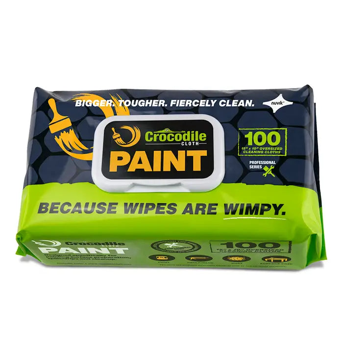 A 100-pack of PACOA 10″ x 15″ Crocodile Cloth Paint Cloths features bold “Because Wipes Are Wimpy” text. The green and black pack includes huge, low-lint cloths ideal for prepping paint surfaces and cleaning up tough painting messes.