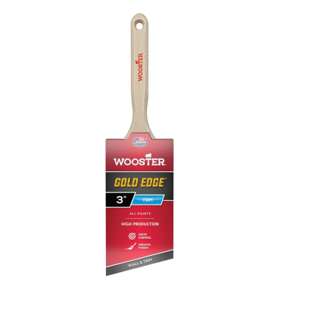 Image of a WOOSTER Gold Edge Polyester Angle Sash Paint Brush, featuring a wooden handle designed for all paints. This 3-inch brush offers high production and a smooth finish with its distinct edge for precise paint application.