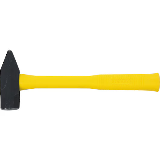The STANLEY 2.5 LB (1.1 KG) FIBERGLASS BLACKSMITH HAMMER features a pointed tip, flat surface, and a bright yellow fiberglass handle—an ideal forging tool for reliable performance.