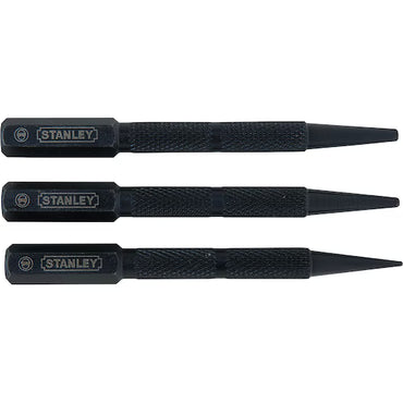 The STANLEY® NAIL PUNCH 3 PC. SET features three hardened steel punches with hexagonal handles, knurled grips, and pointed tips—perfect for any woodworking tool collection.