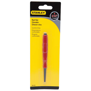 The STANLEY 3/32 IN TIP CUSHION GRIP NAIL SET features a red cushion grip handle and comes in yellow and black packaging with multilingual descriptions—perfect for precise woodworking tasks.