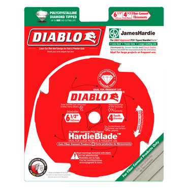 Image of Diablos DIABLO D0604DHA 6-1/2 in. x 4 Tooth PCD Fiber Cement Hardie Saw Blade packaging, featuring polycrystalline diamond tips. Designed for fiber cement and compatible with James Hardie Building Products, it ensures longer cutting life and precise cuts.