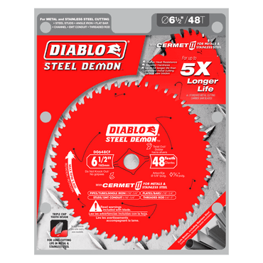 This image features the Diablo D0648CFA Steel Demon saw blade for medium metal, perfect for stainless steel cutting. It has 48 Cermet II teeth, is 6.5 inches in diameter, and offers a 5x longer life. The package is mainly red with white text.