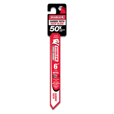 A photo of the Diablo DS0620CF Steel Demon™ 6-inch 20 TPI reciprocating saw blade for thin metal cutting reveals its Carbide Teeth and claims 50x Longer Life. With a bold red and white design, this essential tool offers unmatched durability for precision work.