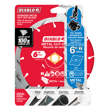 The Diablo DDD060DIA101F 6 Diamond Metal Cut-Off Disc, ideal for angle grinders and circular saws, offers extreme durability with a max RPM of 10,185 and a 5/8 arbor size, ensuring long cutting life and effortless metal cutting.