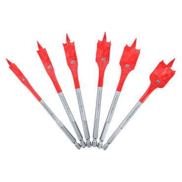The DIABLO DSP2920-S6 by Diablo is a 6-piece spade bit set for wood, styled in a fan shape. Each red bit has a pointed tip with a flat, wide blade below, and the metallic silver shank contrasts with the solid green background.