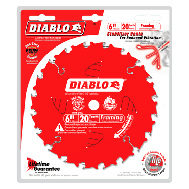 The red DIABLO packaging showcases the D0620X 6 in., 20-tooth thin kerf trim saw blade, featuring Perma-SHIELD coating and TiCo Hi-Density carbide. Graphics emphasize stabilizer vents, and include warranty and safety information on vibration reduction.