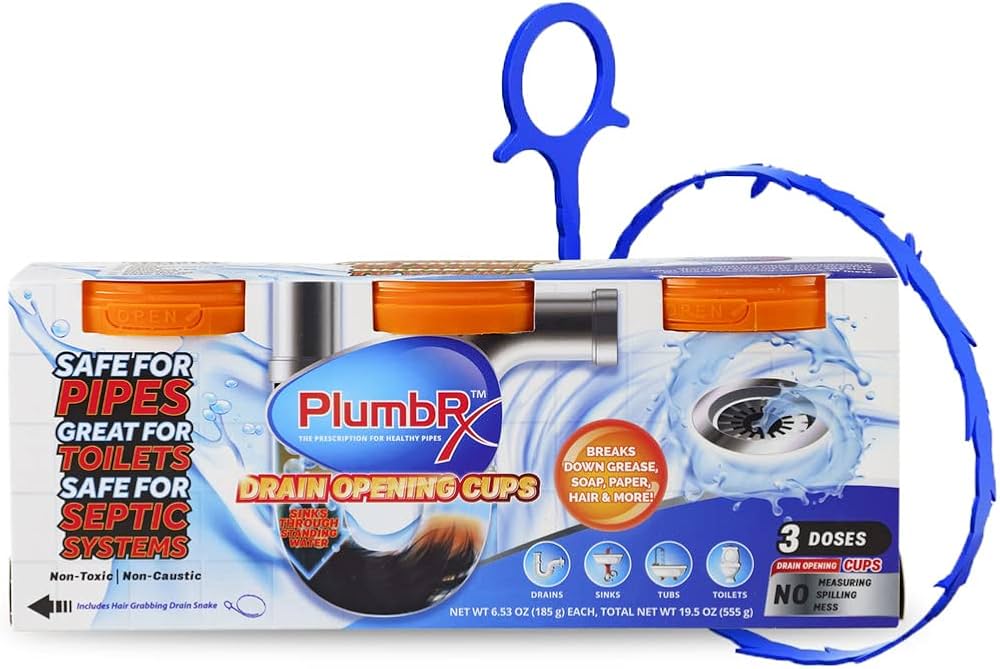 The PACOA PlumbRx Drain Opening Cups 3‑Pack with Snake includes three doses and a hair-removal tool. Safe for pipes, toilets, and septic systems, its packaging features a drain graphic with blue swirling water.