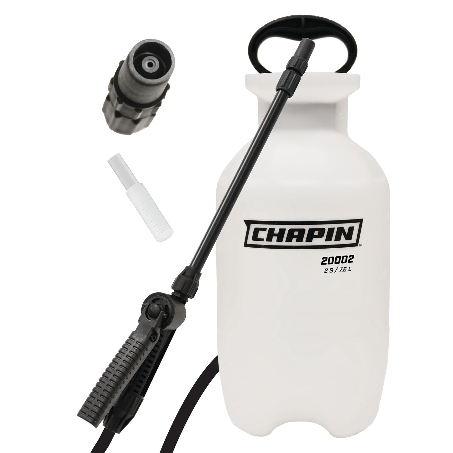 The PACOA 2 Gallon Sure Spray Poly Sprayer features a durable white tank, black handle, hose, and spray wand, plus extra nozzle and filter parts. Ideal for lawn, garden, and cleaning tasks.