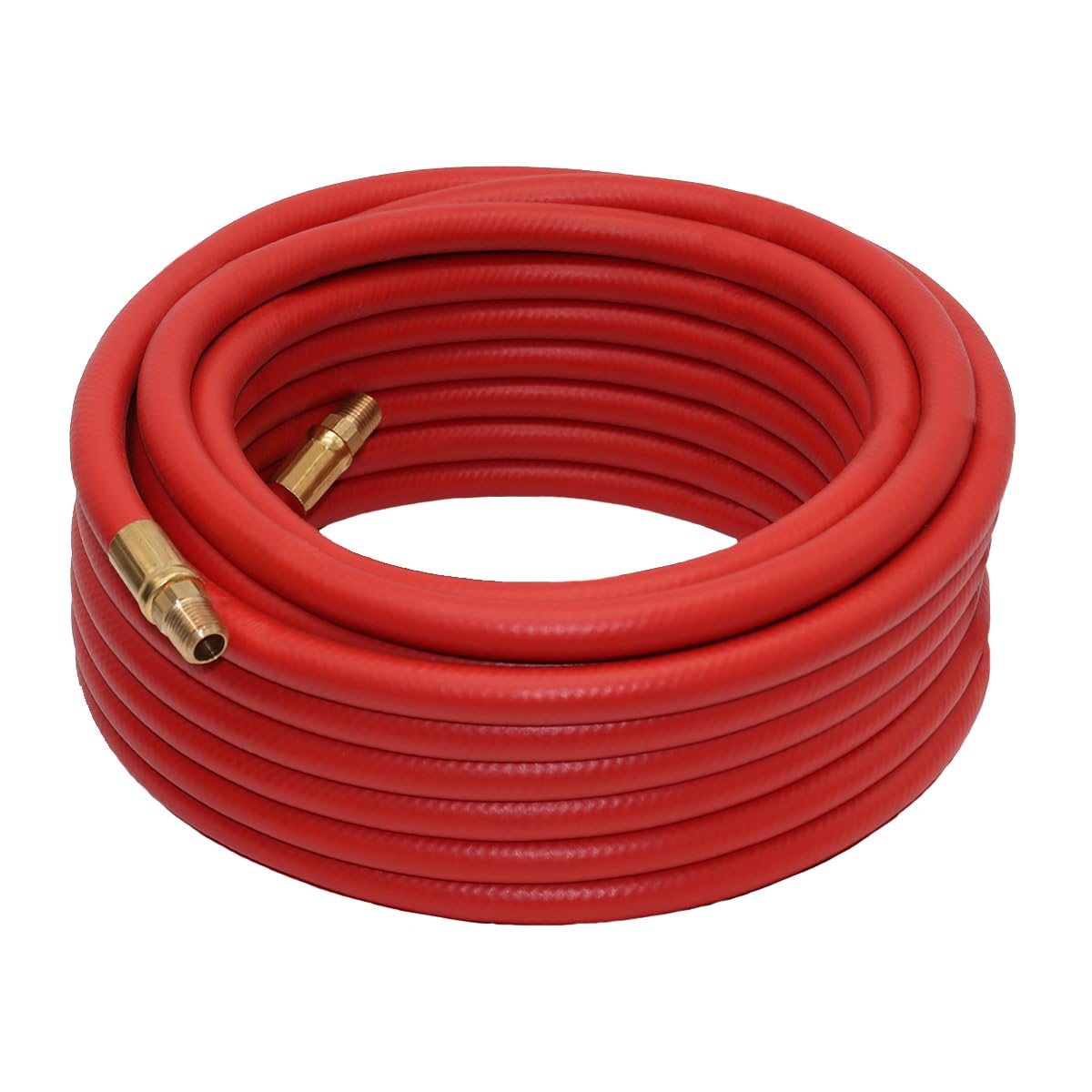 The Grip-Rite 50 x 3/8 Hybrid Air Hose is a flexible and coiled red hose featuring brass connectors at each end. Its superior quality makes it ideal for gardening or air compressor use, while the sturdy connectors ensure secure attachment to meet all pneumatic needs.