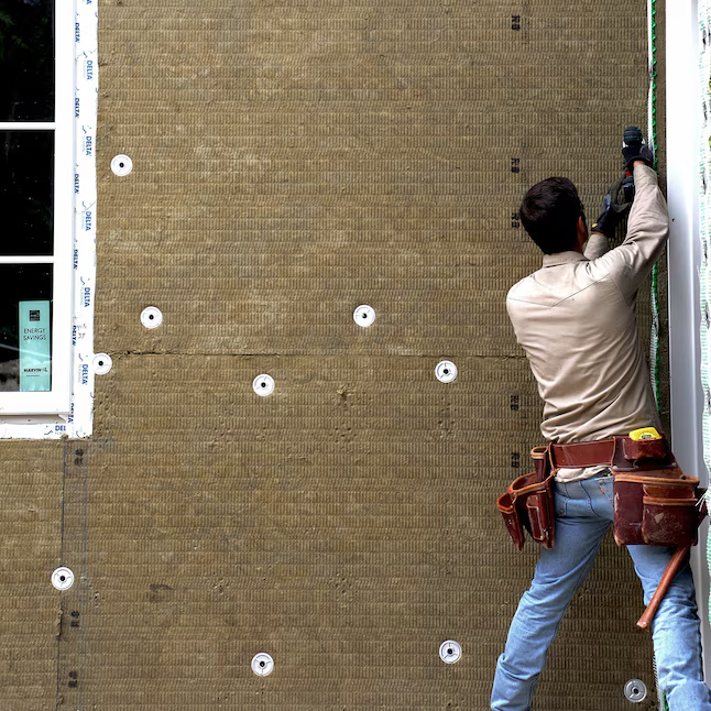 A construction worker installs Rockwool RXCB324 COMFORTBOARD 80 (3x24x48) exterior panels beside a window, using tools to secure the vapor permeable insulation for improved thermal performance on the building’s wall.