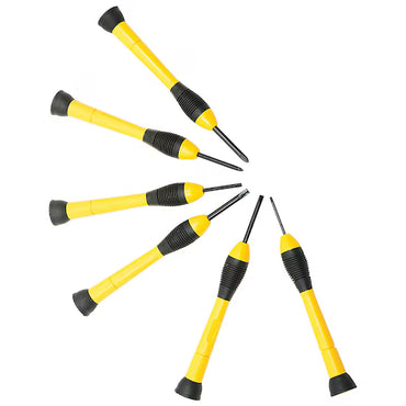 Six yellow and black STANLEY® PRECISION SCREWDRIVER SET OF 6 PC. screwdrivers are arranged in a fan on a white background, their hardened steel tips inward—perfect for detailed electronics repair.