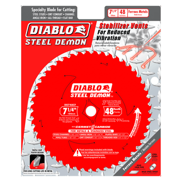 Image of DIABLO D0748CFA Steel Demon™ saw blade package showcasing a 7-1/4 inch, 48-teeth blade for medium metal cutting. The red packaging emphasizes reduced vibration with stabilizer vents and enhanced durability thanks to Cermet II carbide teeth.