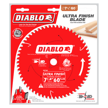 The DIABLO D0760A 7-1/4 60-tooth Ultra Finish carbide saw blade by Diablo features a distinctive red finish, TiCo Hi-Density carbide for chip-free cuts, and laser-cut stabilizer vents. Ideal for corded and cordless saws, its instructions and logos are clearly visible.