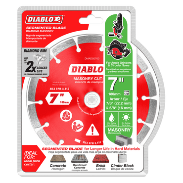Image of a DIABLO DMADS0700 7-inch diamond segmented blade in packaging. The red blade is for angle grinders and circular saws, cutting concrete, brick, and block. Packaging emphasizes cutting life and specs.