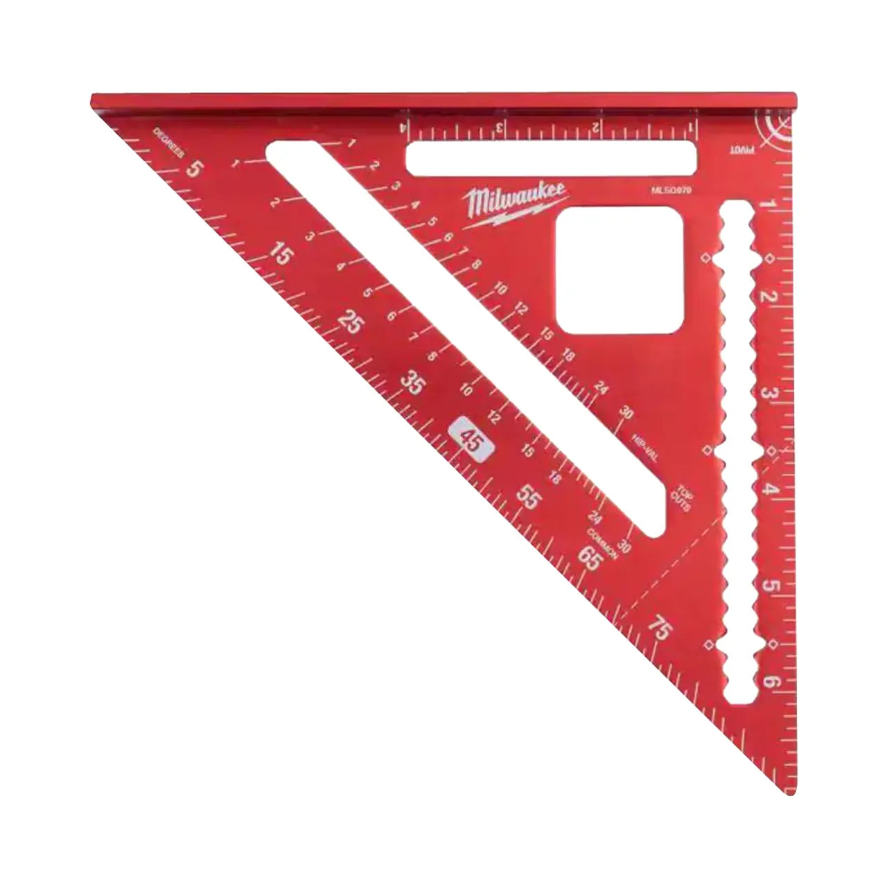 A red Go Build 7 in. Rafter Square, crafted from precision machined extruded aluminum with laser-etched markings, cutouts, and a ruler edge—ideal for woodworking and construction.