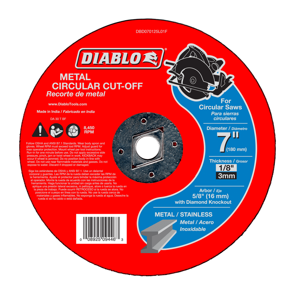 Image of a Diablo DBD070125L01F cut-off disc featuring a premium aluminum oxide blend for long cutting life. This 7 in. x 1/8 in. precision tool fits circular saws with a diamond knockout and excels at cutting metal and stainless steel, highlighted by its distinctive red label.