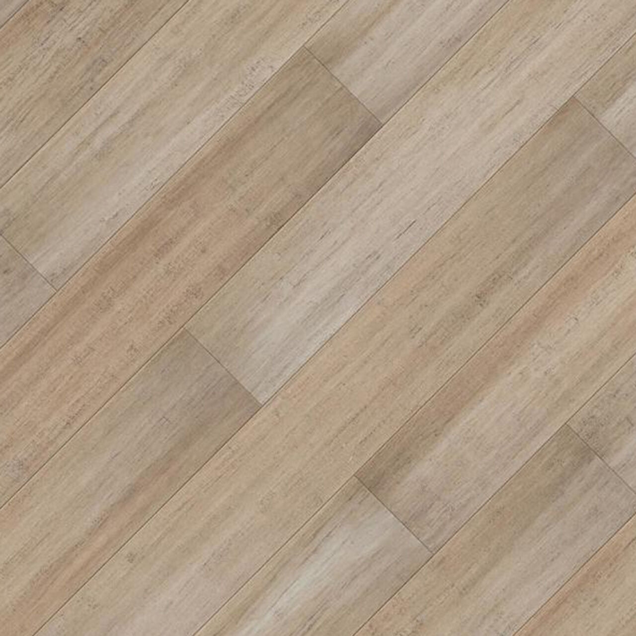 Go Build’s Mojave Waterproof Engineered Click Bamboo Flooring (7 mm x 5.2 in x 36.22 in, 13.07 sq. ft./case) features light brown and beige planks with natural wood grain, installed diagonally for a stylish staggered look.
