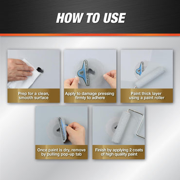 Instructional image showing five steps for drywall repair: clean surface, apply DAP 50403 6 in. Eclipse Rapid Wall Repair Patch, paint with a roller, remove patch when dry, and finish with two coats of high-quality paint from DAP.