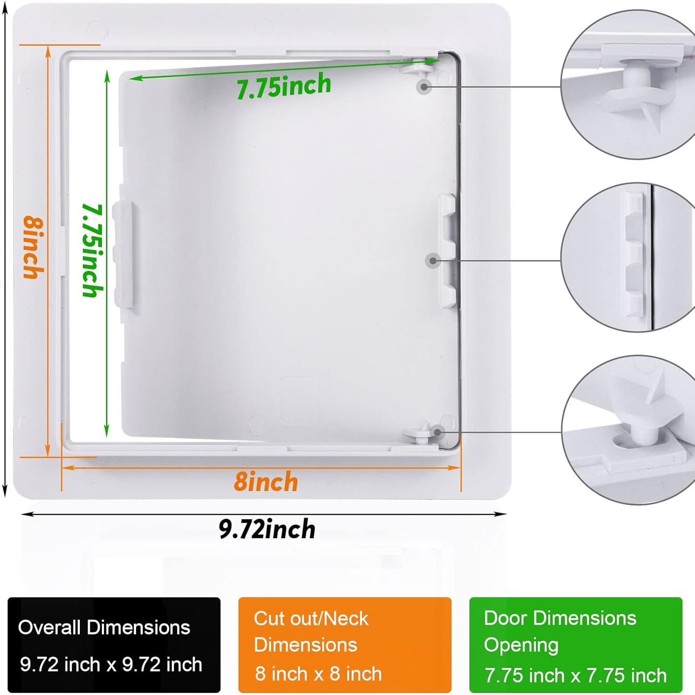 The Go Build 8 in. x 8 in. Access Panel for Drywall is designed with a removable durable plastic design, featuring overall dimensions of 9.72 inches, an 8-inch cut-out, and a 7.75-inch door marked with colored arrows and text for easy use.