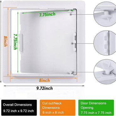 The Go Build 8 in. x 8 in. Access Panel for Drywall is designed with a removable durable plastic design, featuring overall dimensions of 9.72 inches, an 8-inch cut-out, and a 7.75-inch door marked with colored arrows and text for easy use.