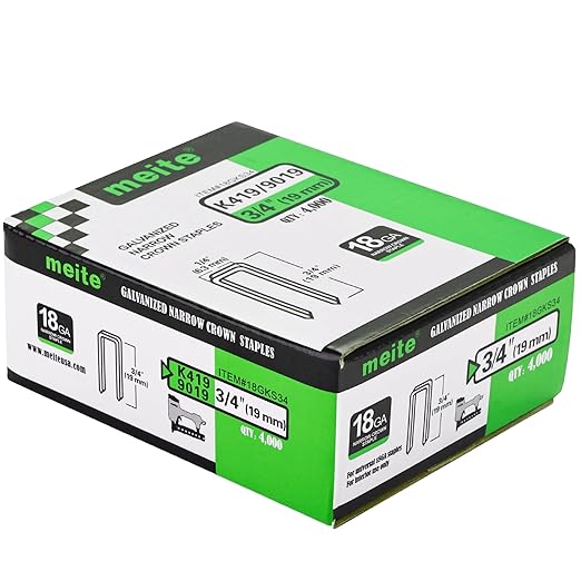 A green and black Meite box labeled K419 9019 contains 4,000 MEITE 18 Gauge 1/4 in. x 3/4 in. Narrow Crown Staples, ideal for heavy-duty use with galvanized construction.