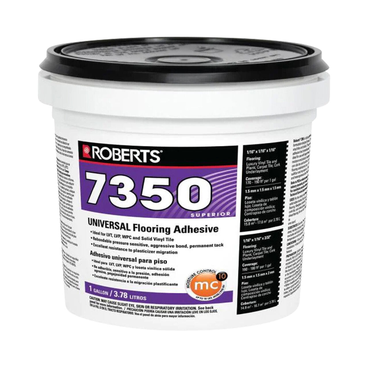 A white plastic 1 gal. container of Go Build 7350 Universal Flooring Adhesive with a black lid and purple, black, and white label—ideal moisture control adhesive for luxury vinyl tile installation.