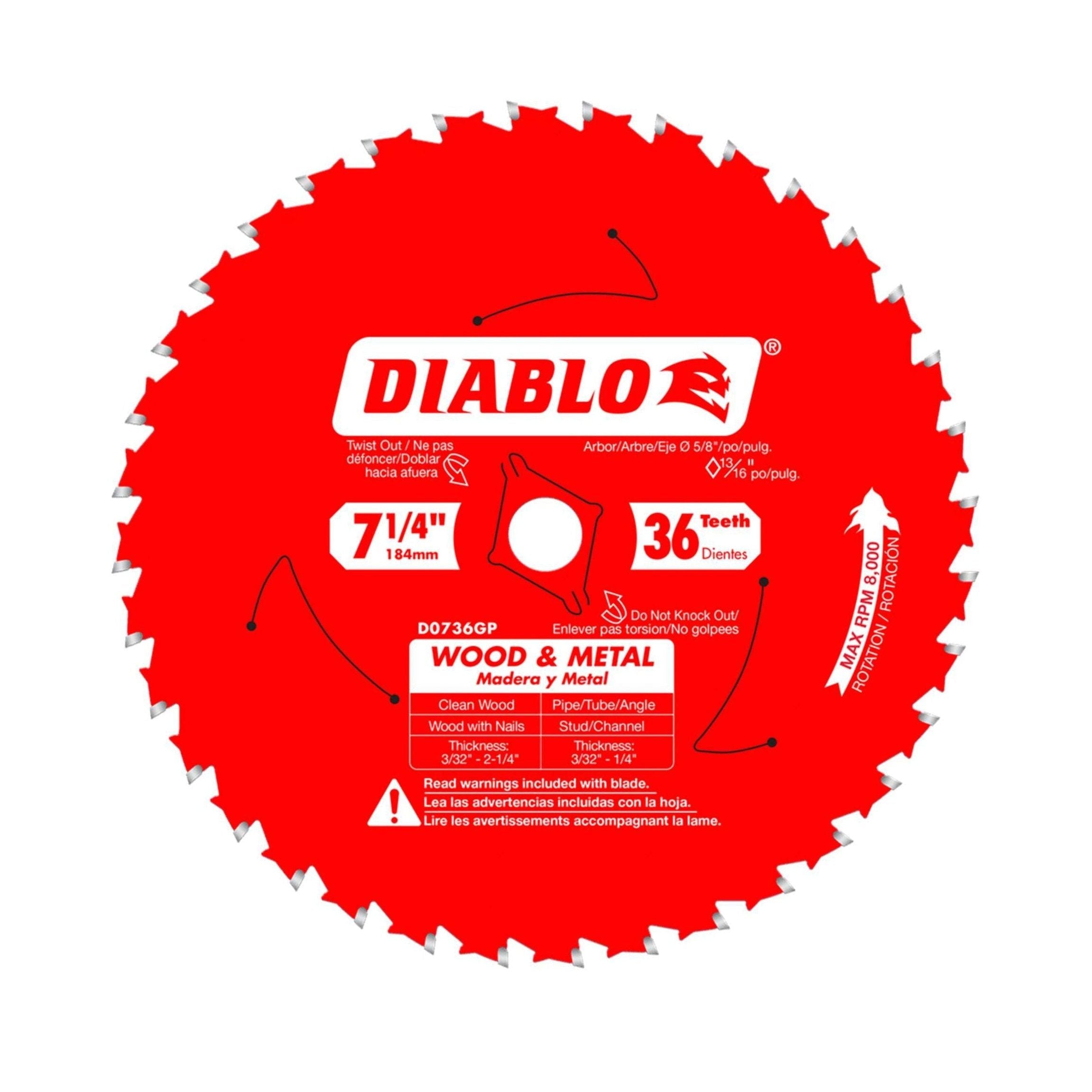 The DIABLO D0736GPA 7-1/4 in. circular saw blade, branded with Diablo in white, features 36 sharp teeth for cutting wood and metal. Enhanced with TiCo Hi-Density carbide, it includes safety instructions and usage icons around the center for a multi-purpose experience.