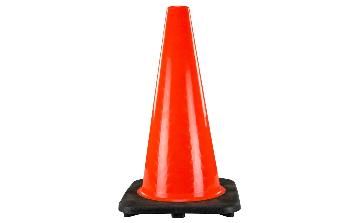 The SAS 28 Inch Traffic Safety Cone - Orange by SAS features a bright orange body with a black base, standing upright on a plain white background.