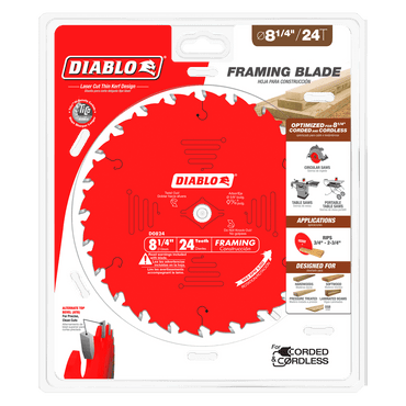 The DIABLO D0824X Framing Saw Blade by Diablo features an 8-1/4 design with 24 teeth, ideal for framing, crosscutting, and ripping. Optimized for corded and cordless saws, its high-performance carbide enhances durability and precision.