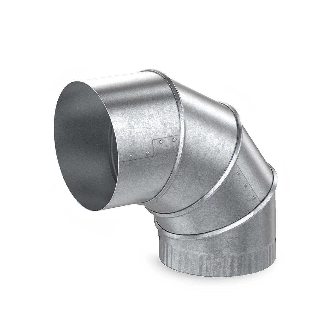 The Go Build 8 in. Adjustable Galvanized Elbow 90-Degree - 30 Ga. is a smooth, cylindrical steel fitting with visible seams and joints, designed for efficient ductwork bends.