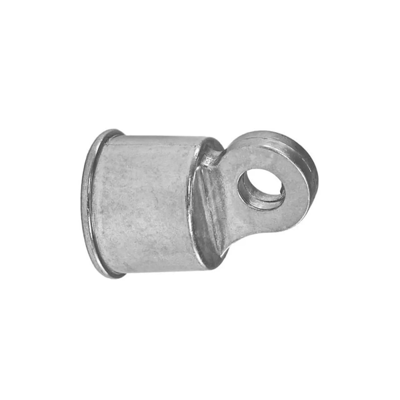 The Go Build 1-3/8-in. Aluminum Chain Link Fence Rail End in polished silver is a cylindrical metal fitting with a round end and flat tab, ideal for connecting cables or rods.