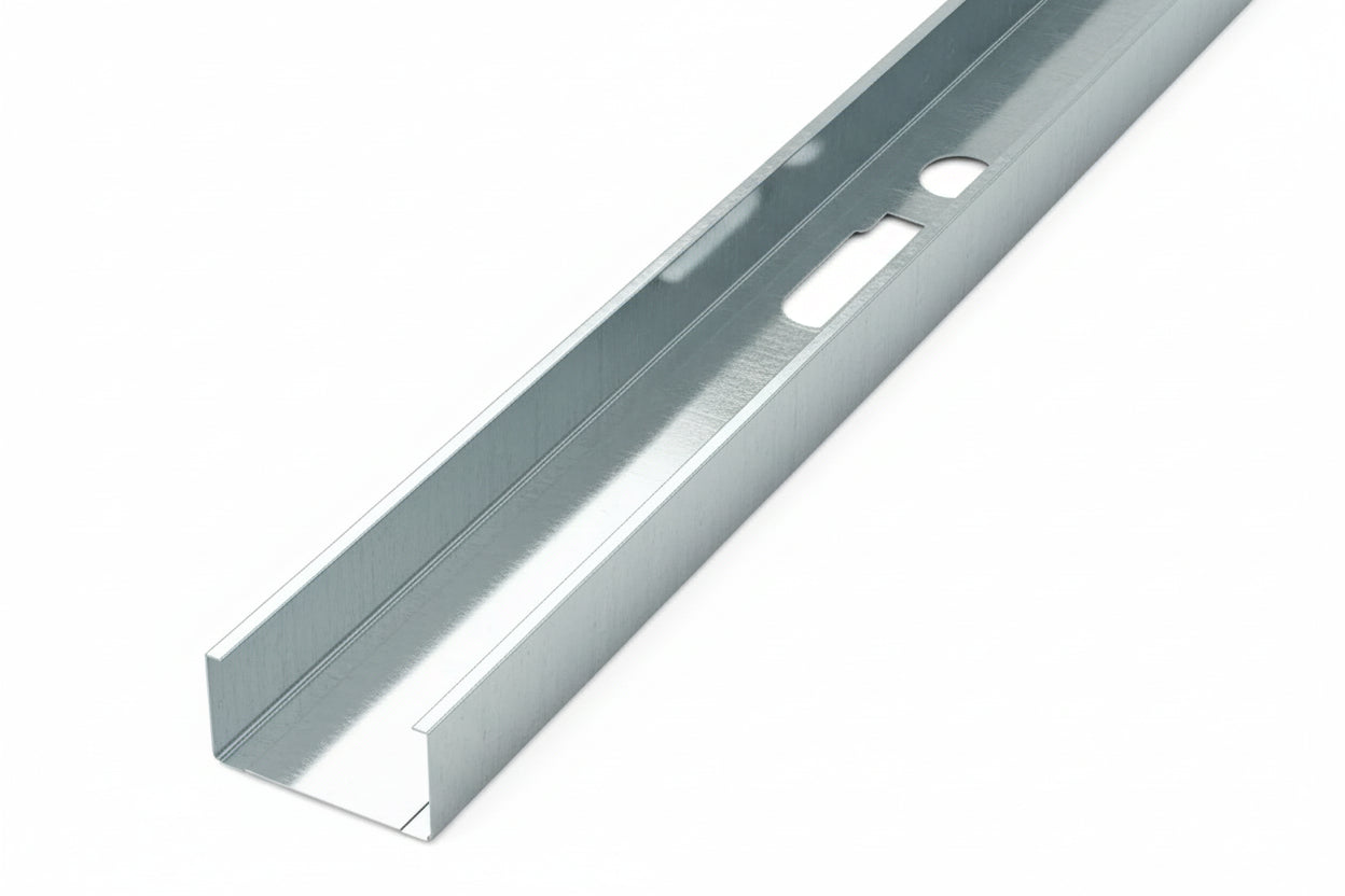 The Go Build 3‑5/8 in. x 10 ft. 20‑Gauge Wall Framing Stud features a matte, textured finish and perforated holes along one side, ideal for lightweight framing or drywall installation.