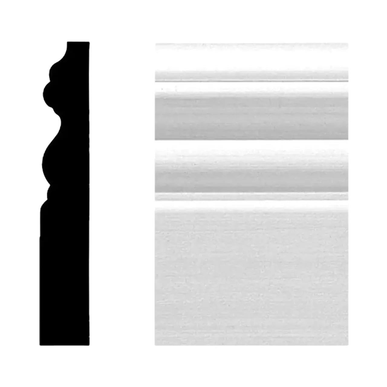 Go Builds 5/8 in. x 4 in. x 8 ft. MDF Baseboard Moulding is displayed with a black silhouette profile and a front view, showcasing its detailed grooves—ideal for interior projects from The Fastest Way To Build brand.