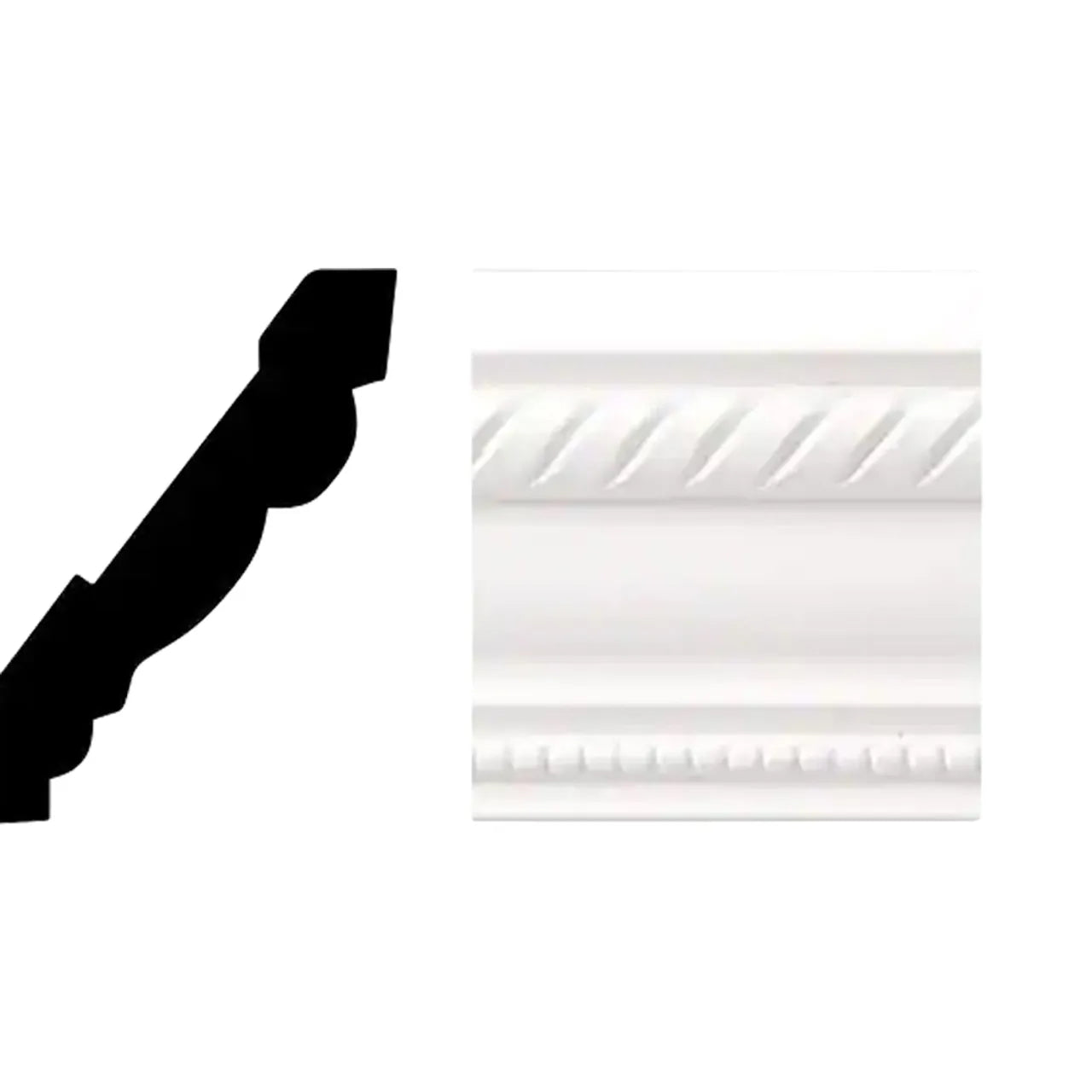 Go Build Creations 11/16 in. x 3-5/8 in. x 8 ft. PVC composite crown moulding features a white diagonal rope design and is shown with its black cross-section on white background; suitable for interior or exterior use.