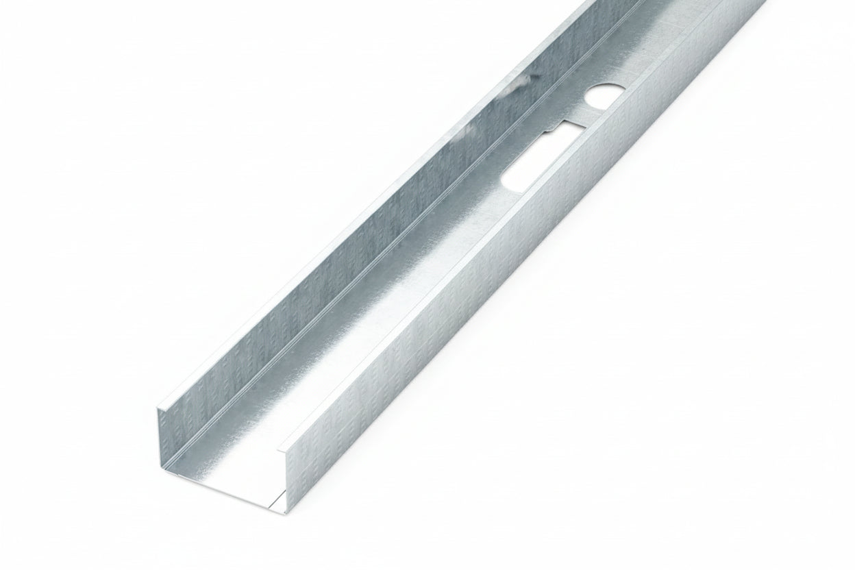 The Go Build 3-5/8 in. x 8 ft. 20‑Gauge Wall Framing Stud features a galvanized finish and cut-out holes on one side for wiring or mounting, making it a lightweight, quick-install framing solution.